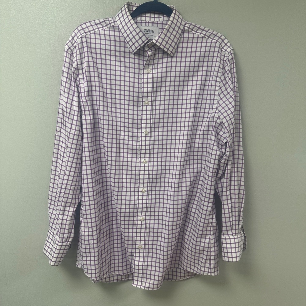 Charles Tyrwhitt Mens Non Iron Slim Fit Dress Shirt Purple White Check 16.5 33